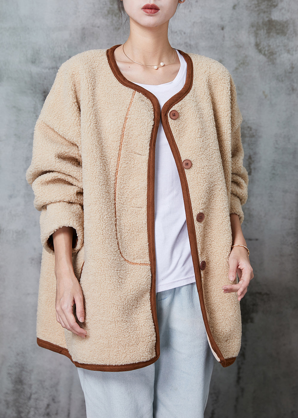 Khaki Oversized Warm Faux Fur Teddy Jackets Winter