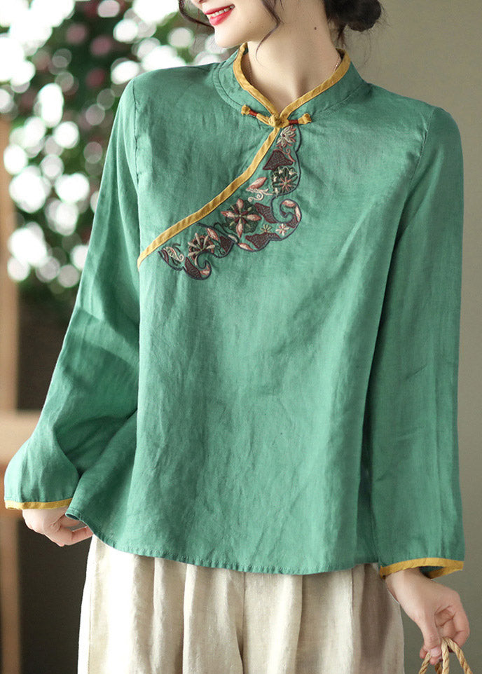 Green Stand Collar Embroideried Button Linen Shirt Long Sleeve