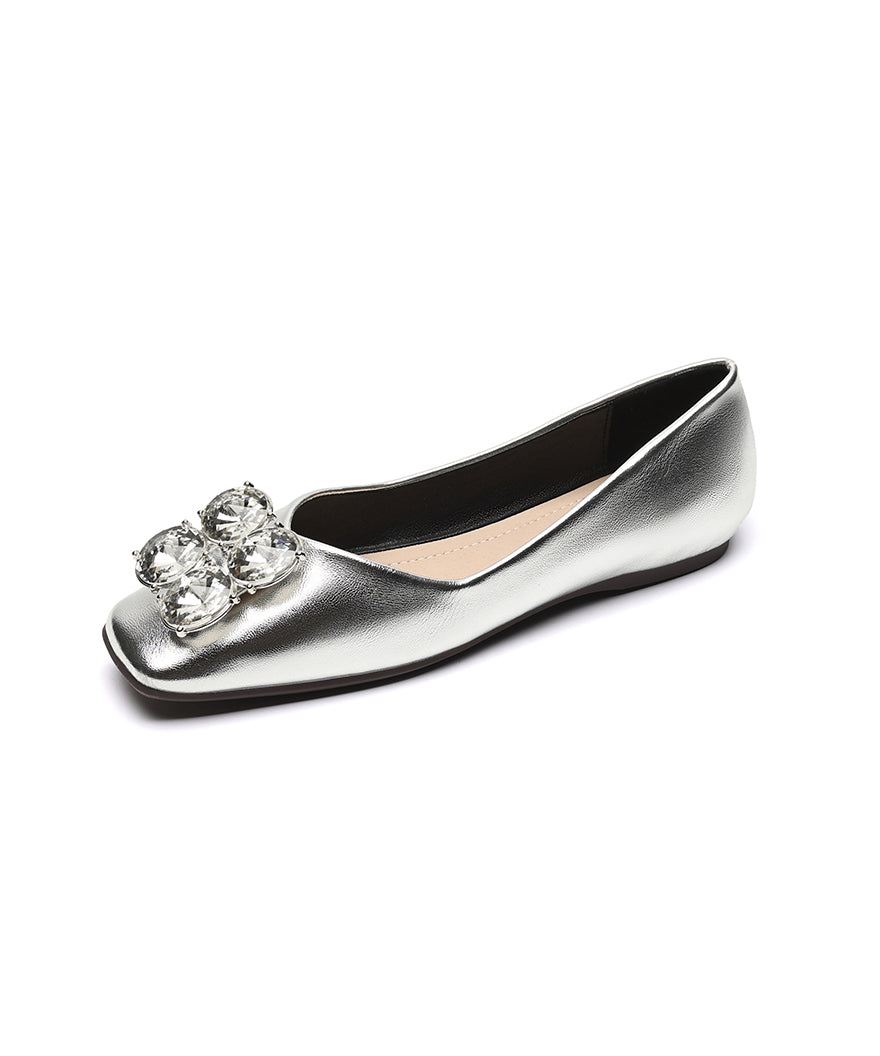 Silver Zircon Cowhide Leather Splicing Penny Loafers