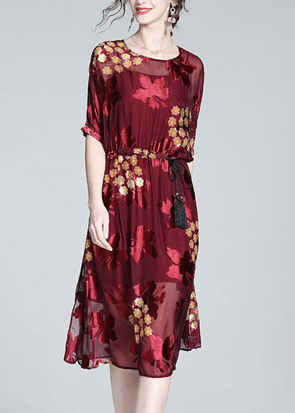 Diy Red O-neck Print Tunic Silk Maxi Dresses and Slip Dress Two Pieces Set Summer