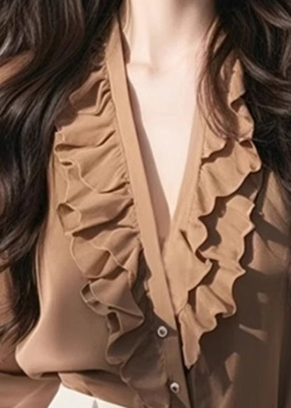 Coffee V Neck Ruffled Top Fall