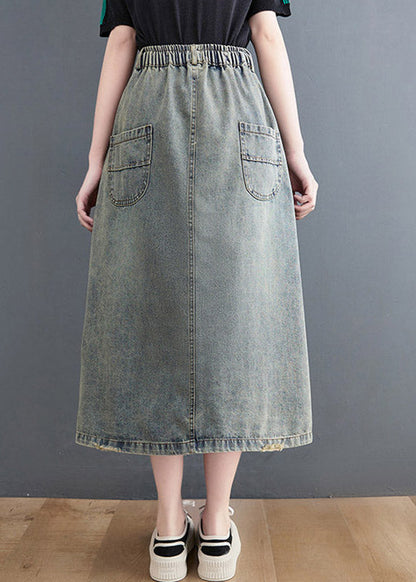 Denim Blue Hole Elastic Waist a Line Skirts Summer