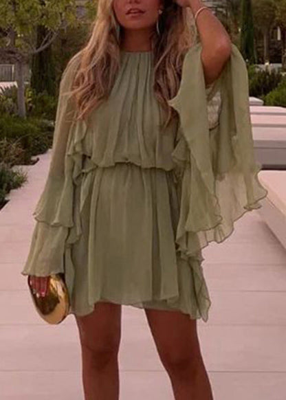 Art Green Ruffled Chiffon Mini Dress Fall