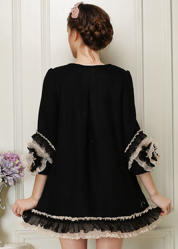Black O-neck Nail Bead Woolen Coats Bracelet Sleeve