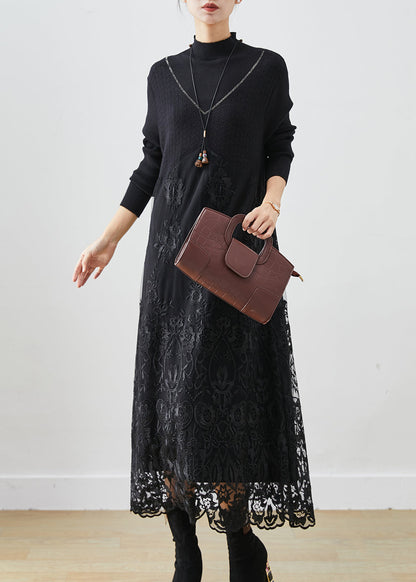 Handmade Black Embroideried Patchwork Knit Dress Fall