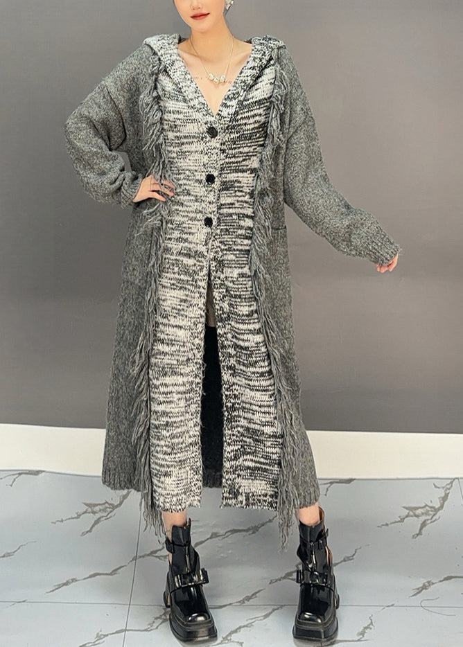 Dark Grey Patchwork Tassel Cotton Knit Hooded Cardigans Winter
