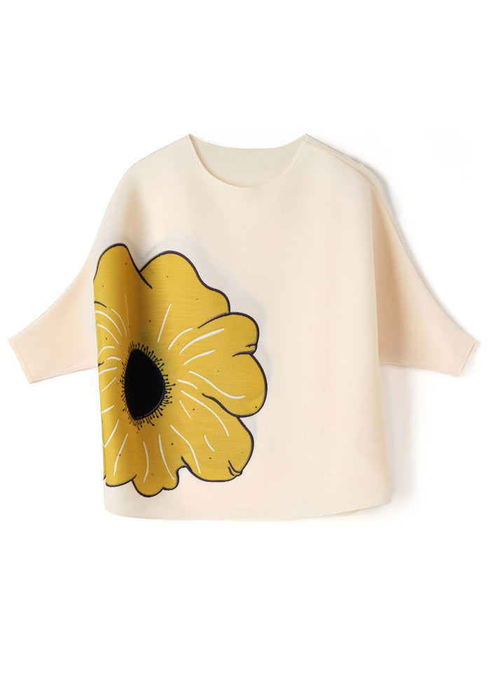 Loose Yellow O-neck Print Top Batwing Sleeve