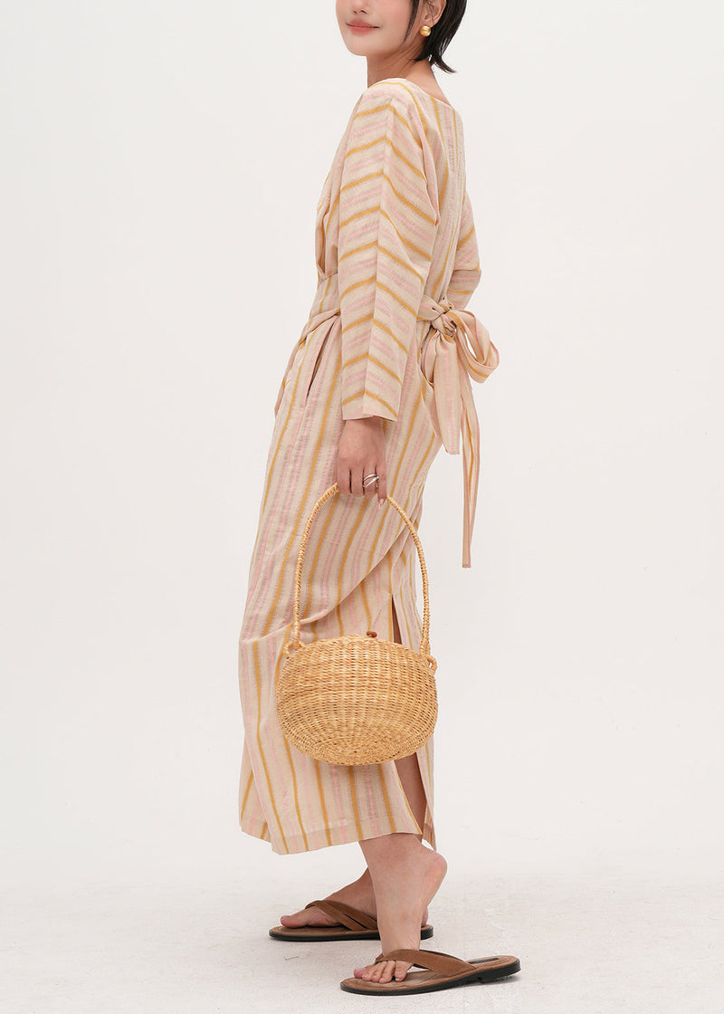 Beige Asymmetrical Striped Cotton Tunic Dress Fall