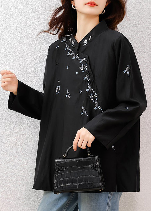 Black Mandarin Collar Embroidered Cotton Tops Fall