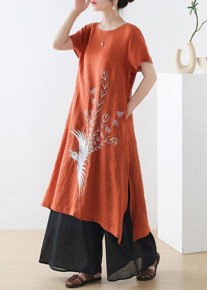 Orange Phoenix Embroideried Linen Side Open Summer Long Dress