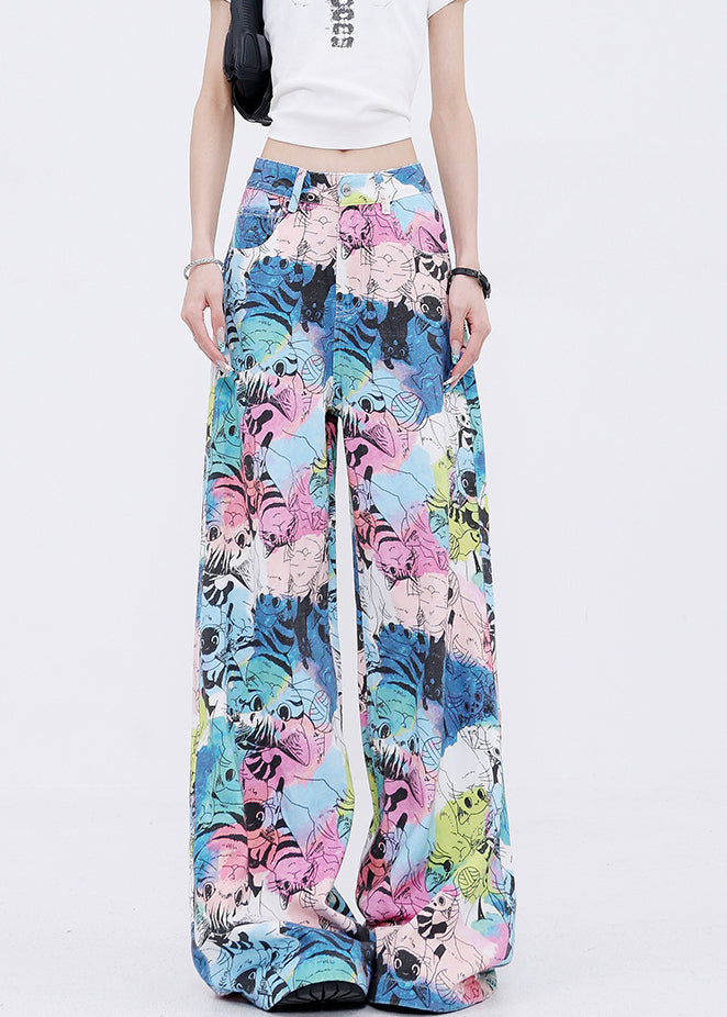 Pockets Cartoon Print Denim Wide Leg Pants Fall