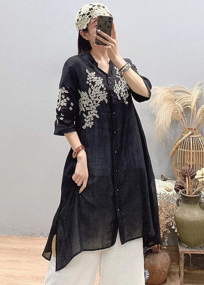 Orange Embroideried Linen Long Shirt Asymmetrical Design Three Quarter Sleeve