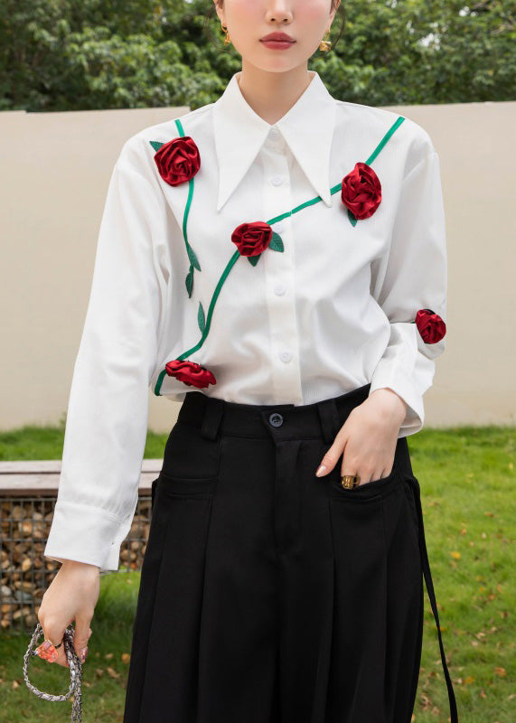 Modern White Peter Pan Collar Button Cotton Shirt Spring