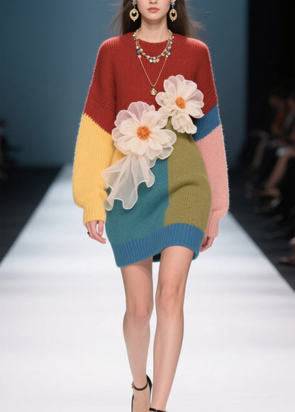 French Colorblock O Neck Knit Sweater Dress Fall