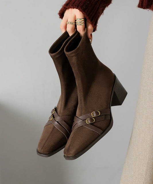 Splicing Chunky Boots Brown Suede Square Toe
