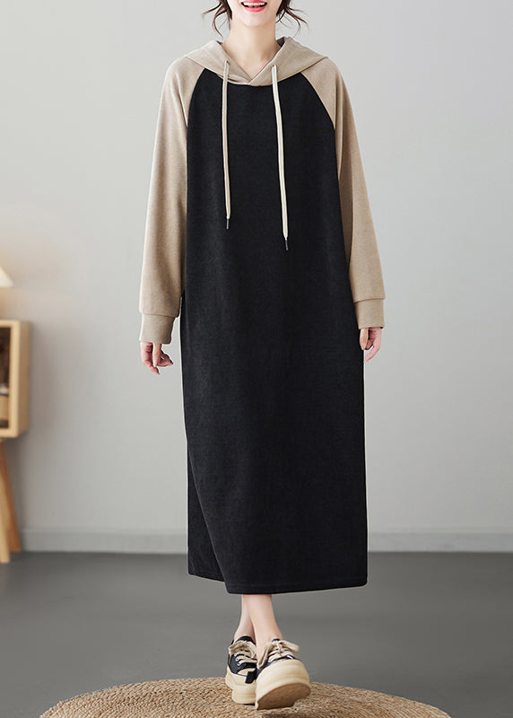 Black Patchwork Cotton Hooded Sweatshirt Dresses Fall