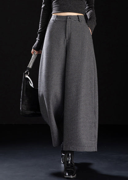 Fitted Grey Plaid Warm Fleece Wide Leg Pants Spring