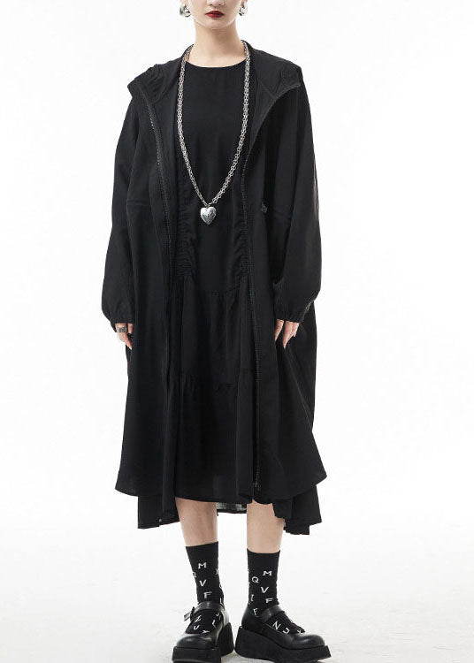 Black Zippered Hooded Drawstring Chiffon Trench Coats Spring
