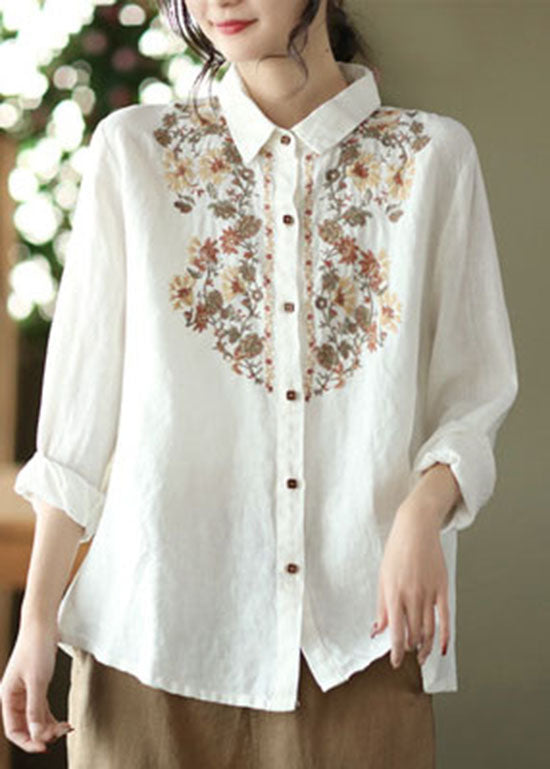 Orange Button Peter Pan Collar Embroideried Linen Blouses Spring