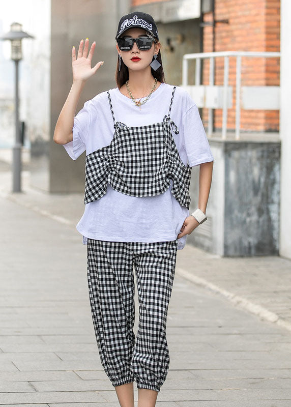 French Black White Plaid O-neck Print Fall Two Piece Set Half Sleeve