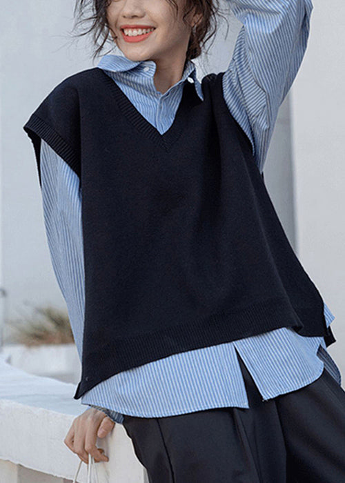 Loose Black Waistcoat and Blue Blouses Patchwork Two Pieces Set Fall