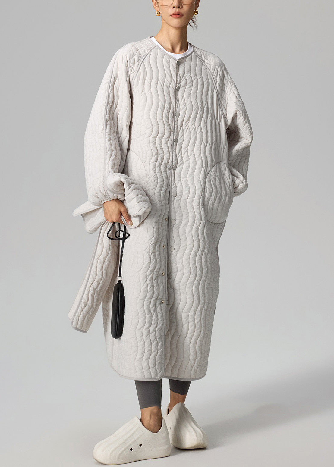 Loose Light Grey Button Scarf and Long Parka Cotton Filled Two Pieces Set Winter