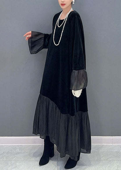 Black Tulle Patchwork Silk Velour Maxi Dress Fall