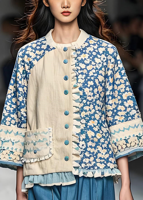 Ruffled Print Pockets Patchwork Cotton Coats Spring