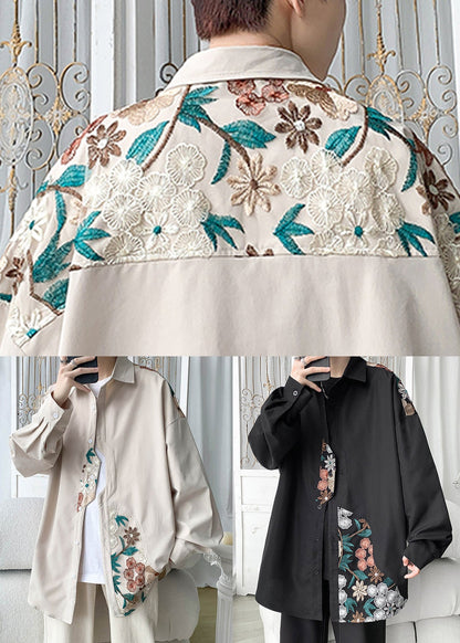 Beige Embroidered Button Cotton Neutral Coats Spring