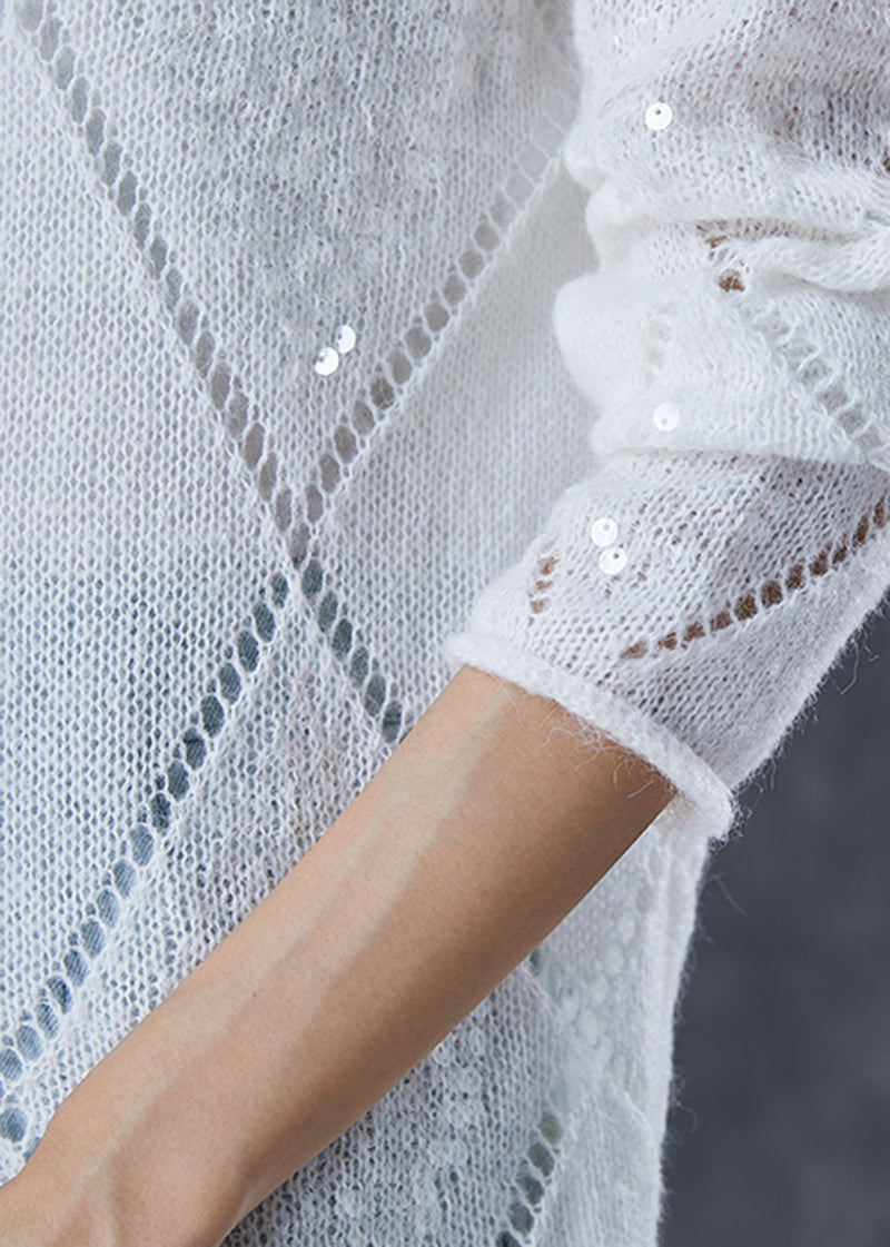 White Sequins Hollow Out Knit Sweater Fall
