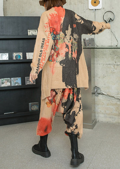 Khaki Asymmetrical Character Print Knit Two Piece Outfit Long Sleeve