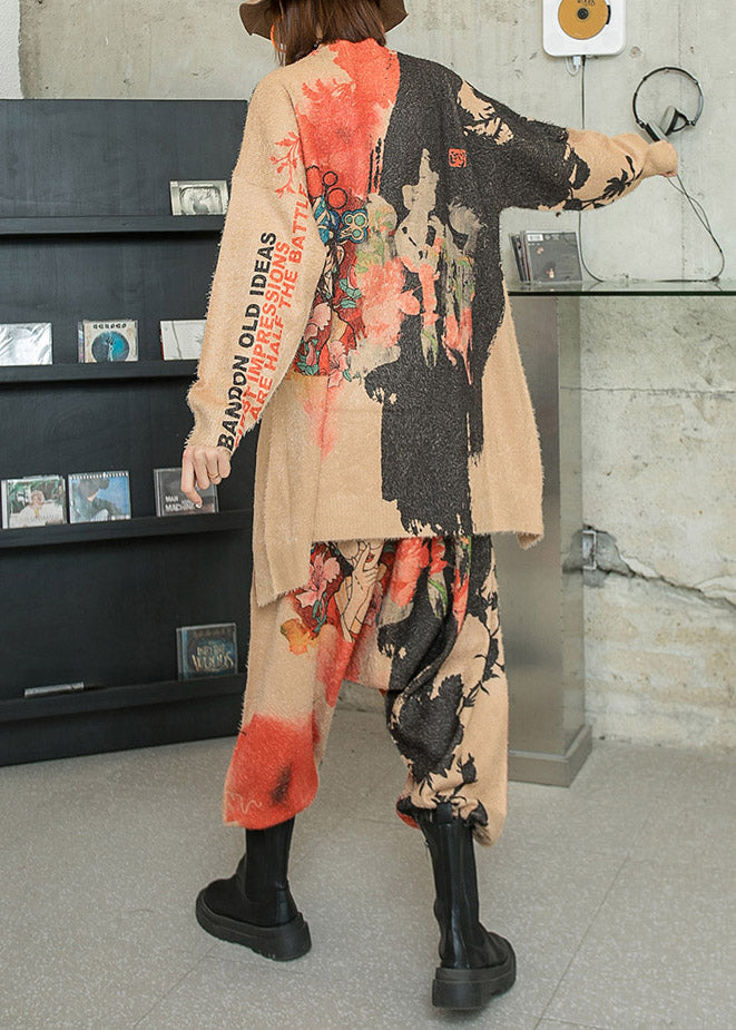 Khaki Asymmetrical Character Print Knit Two Piece Outfit Long Sleeve