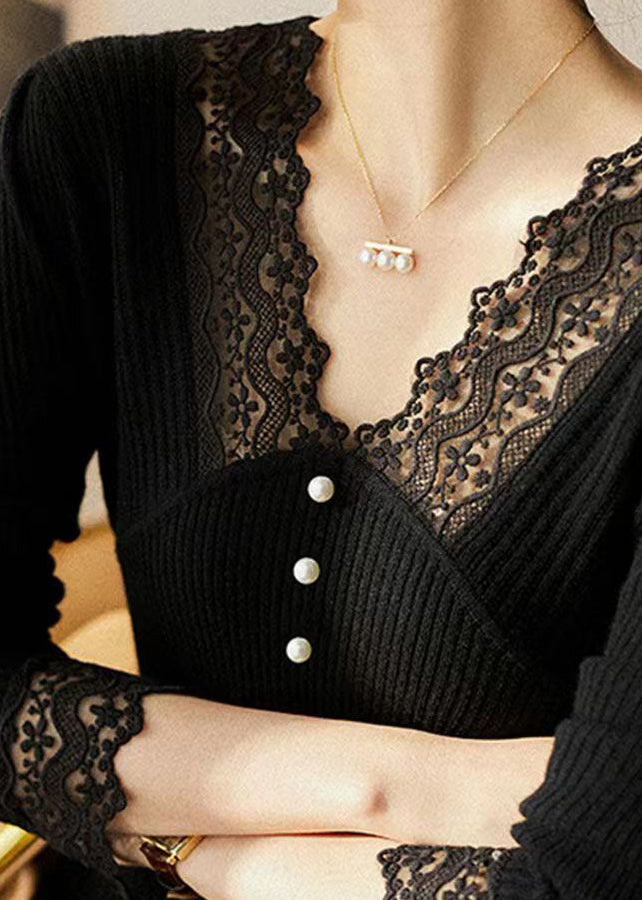 Black V Neck Lace Patchwork Woolen Dress Fall