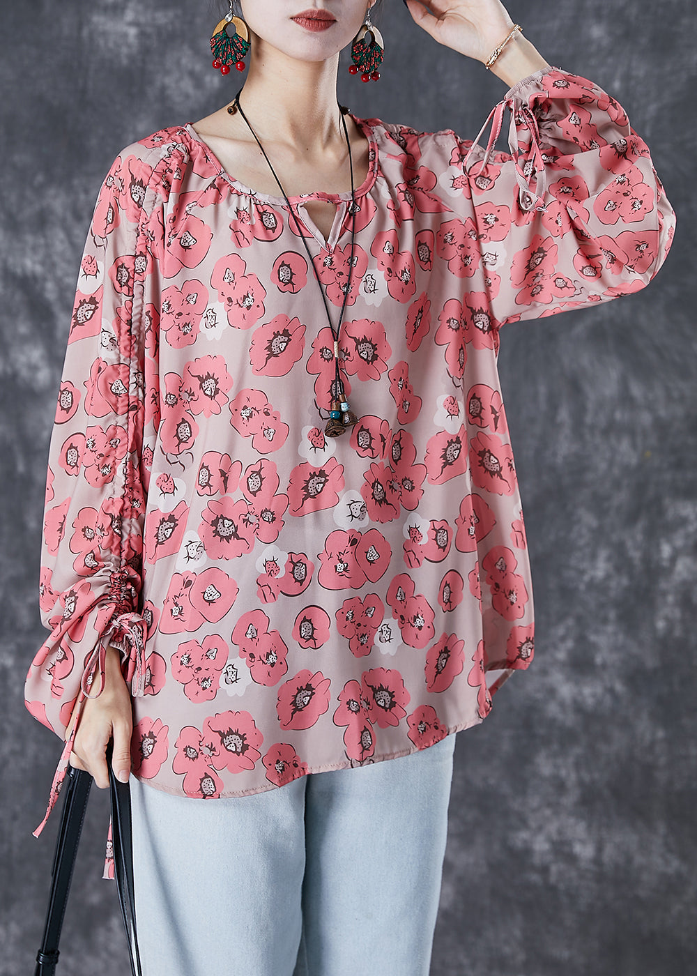 Red Cinched Print Shirt Top Fall