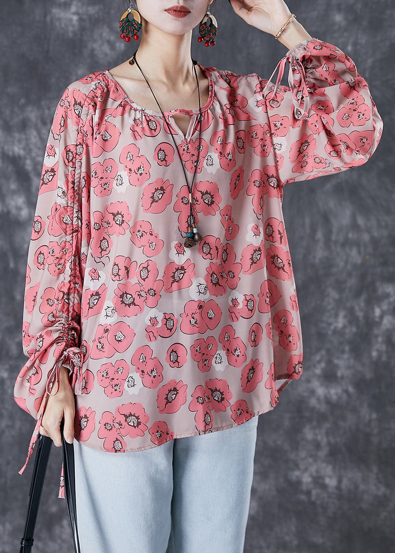 Red Cinched Print Shirt Top Fall