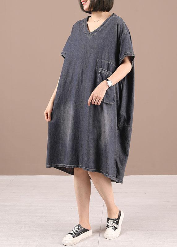 Black V Neck Pockets Denim Summer Maxi Dresses