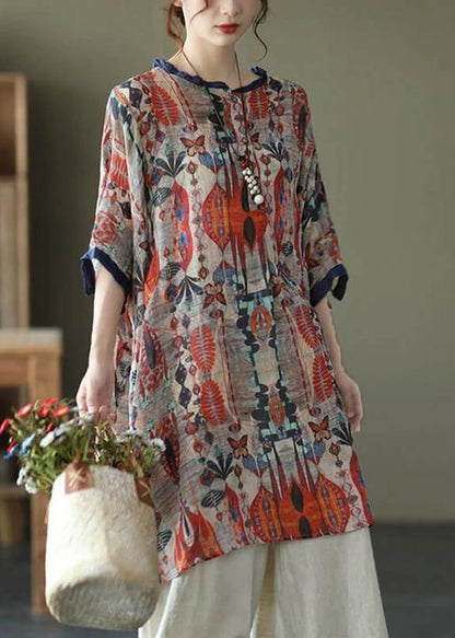 -red Ramie Print Shirt