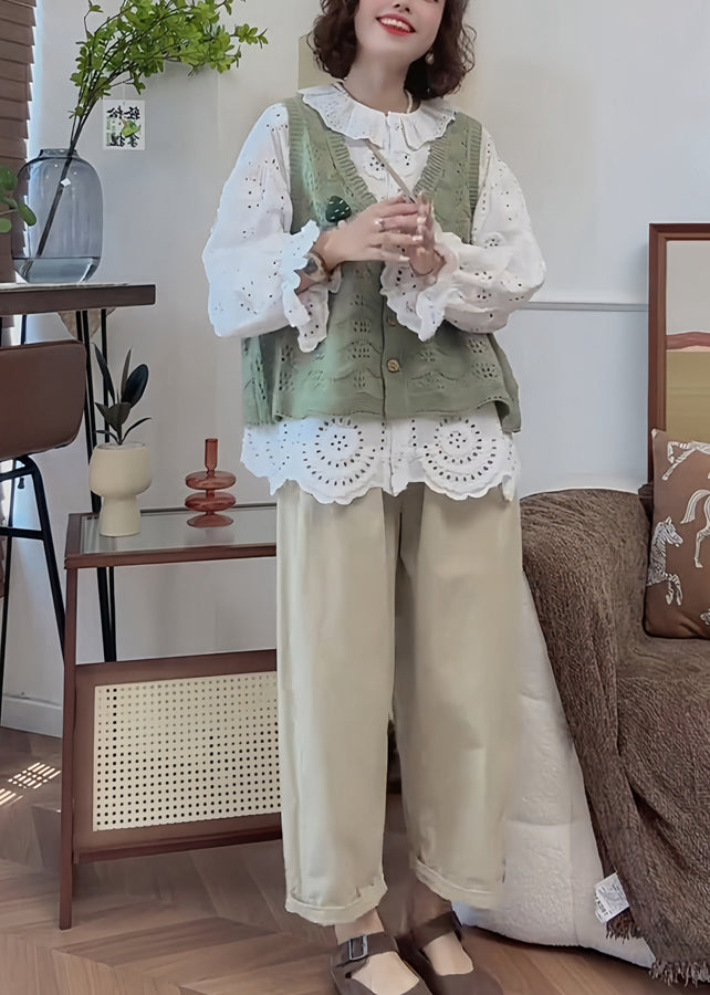 French Handmade White Puff Sleeve Hollow Out Cotton to