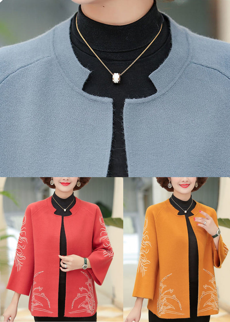 Blue O-neck Print Woolen Loose Coat Long Sleeve
