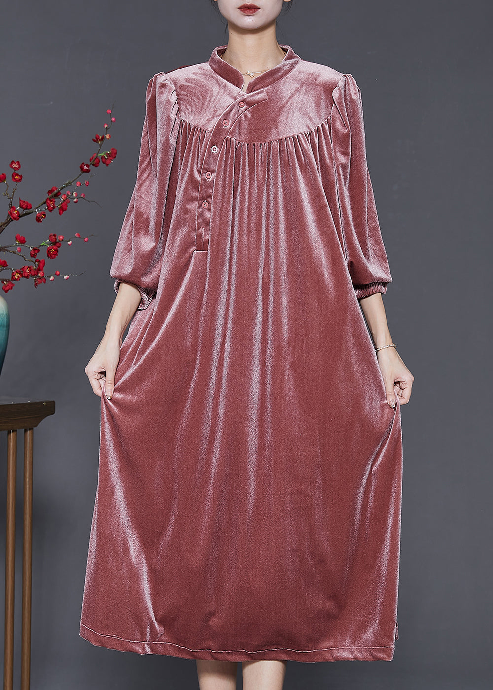 Diy Brick Red Stand Collar Oversized Silk Velour Dress Spring