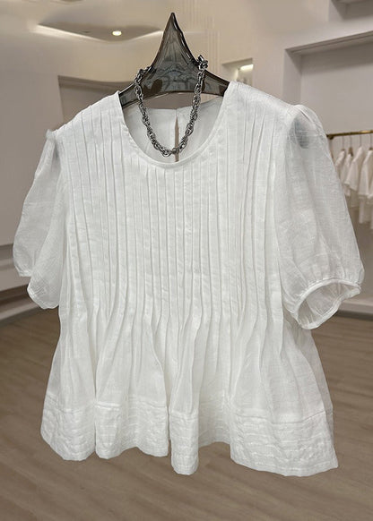 Modern White O-neck Wrinkled Patchwork Top Short Sleeve