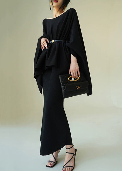 Black Knit Two Pieces Set O-neck Batwing Sleeve