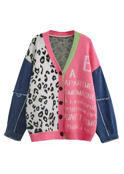 Pink V Neck Print Denim Patchwork Knit Cardigan Spring
