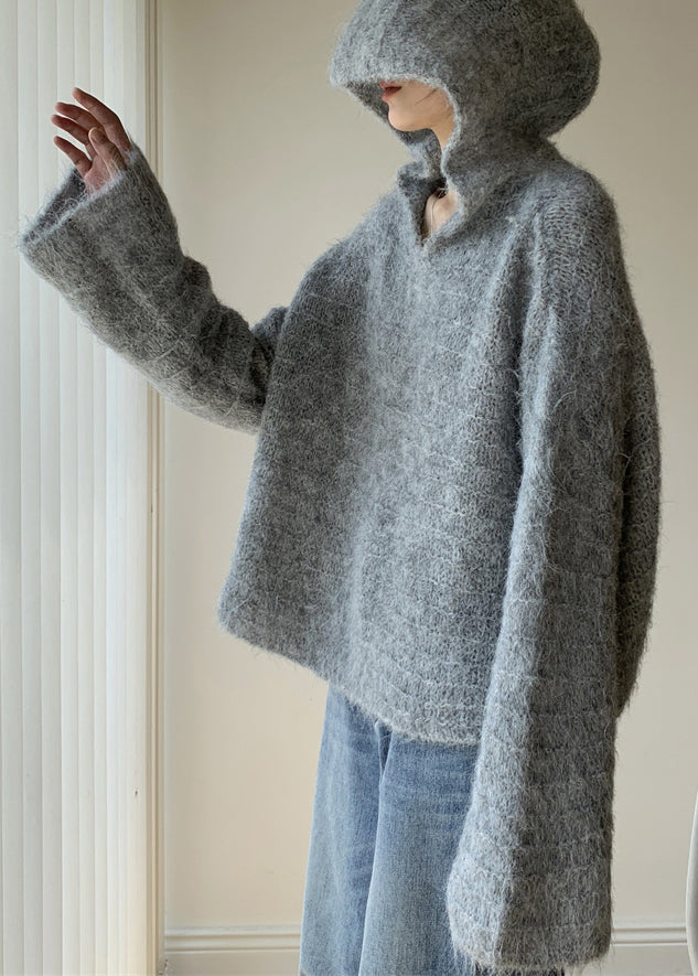 Grey Hooded Cotton Knit Sweaters Winter