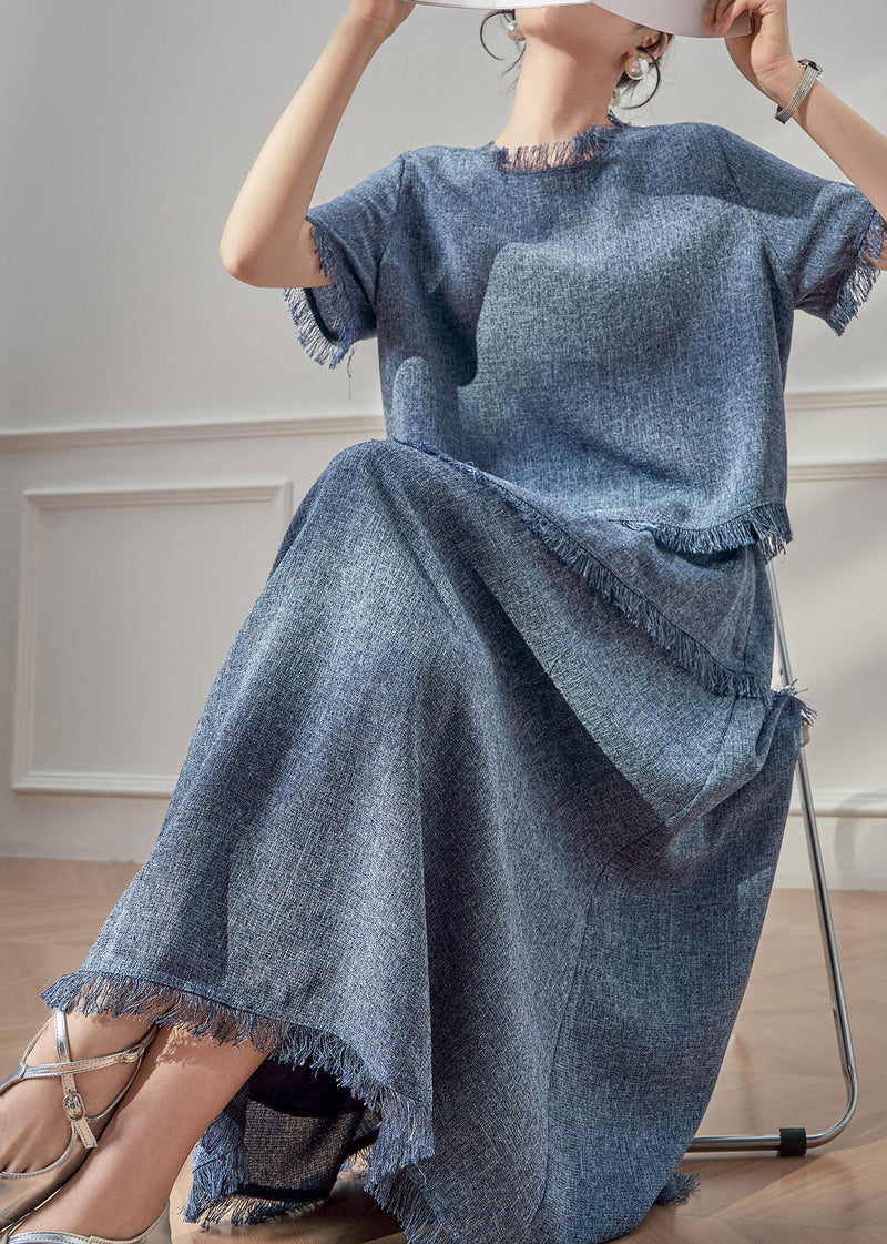 Blue Tassel Patchwork T Shirt and Maxi Skirts Two Pieces Set Short Sleeve