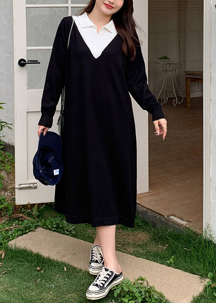 Diy Black Peter Pan Collar Patchwork Cotton Fake Two Piece Dress Fall