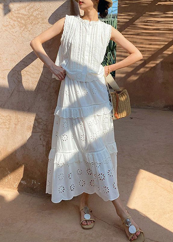 French White Hollow Out Blouses and Skirts Cotton Two Pieces Set Sleeveless
