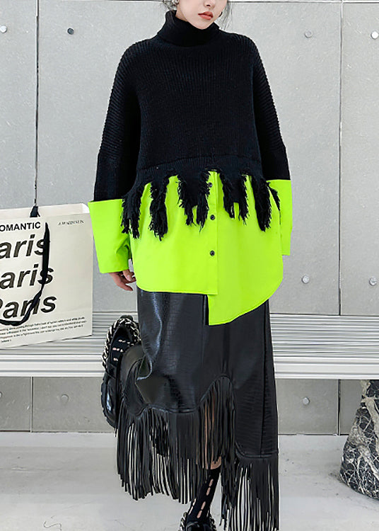 Black Green Hign Neck Asymmetrical Patchwork Knit Sweaters Fall