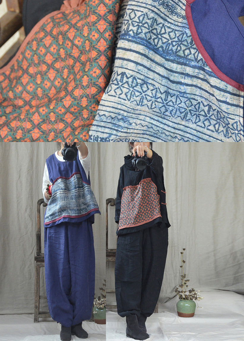 Black O-neck Print Linen Waistcoat and Pants Two Pieces Set Fall