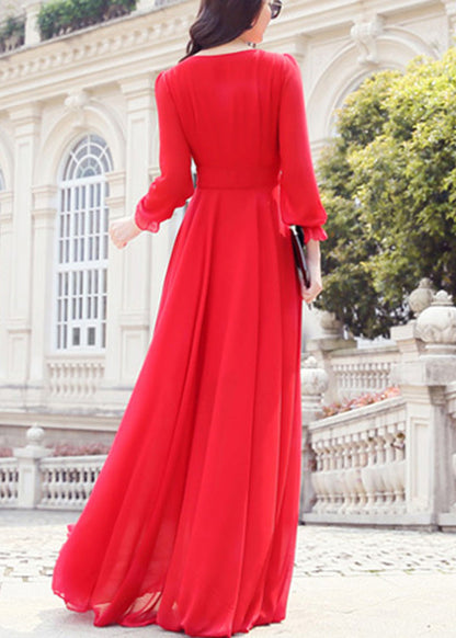 Unique Red O-neck Slim Chiffon Maxi Dress Spring